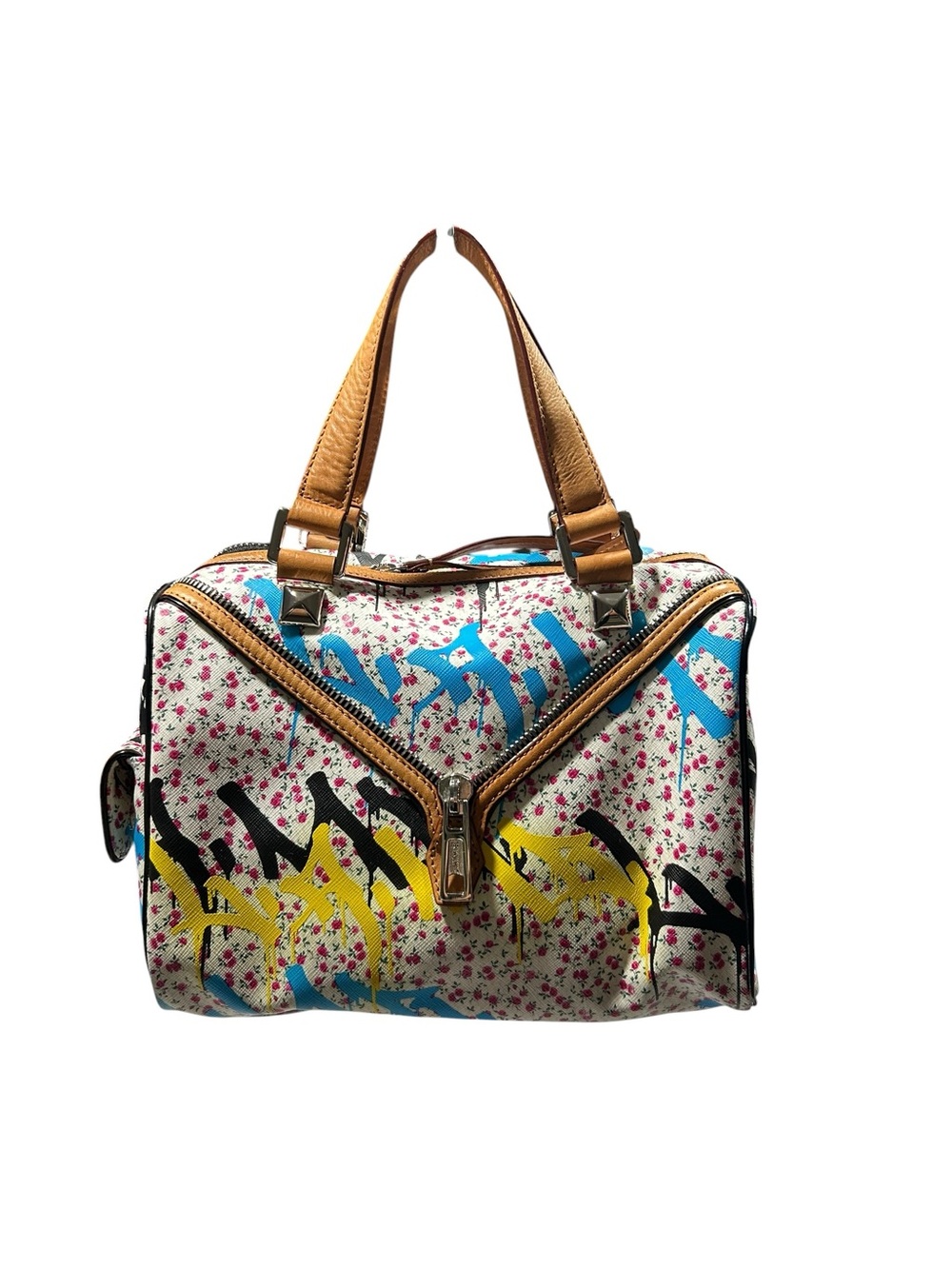 Gwen Stefanie LAMB “Ditsy Girl” Graffiti Satchel Bag in White and Tan